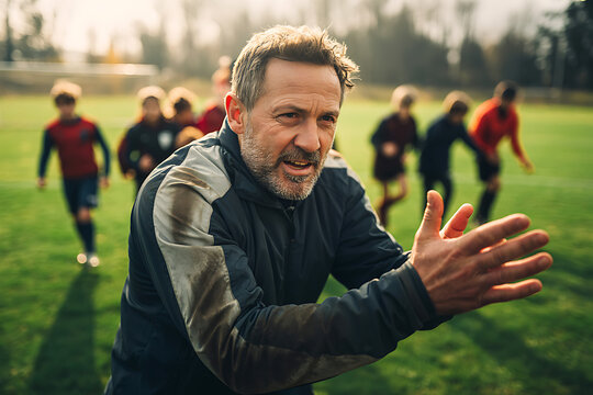 Soccer coach giving instructions to team during practice on the field with players running drills in the background on a sunny day, leadership