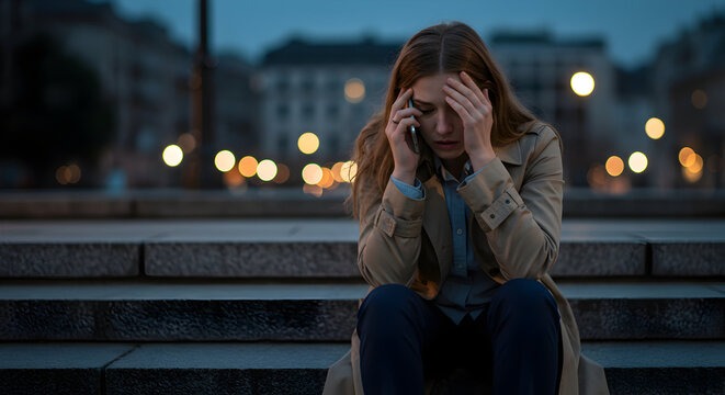 Worried young woman receives bad news on phone call, sitting on city steps at night feeling stressed and upset. - Powered by Adobe