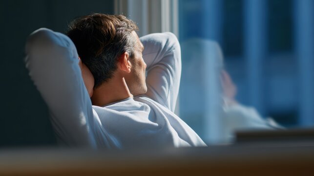 Remote worker taking break and stretching by window