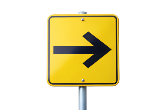 A yellow traffic sign with a black arrow indicating the direction to the right, isolated on white isolated on transparent background