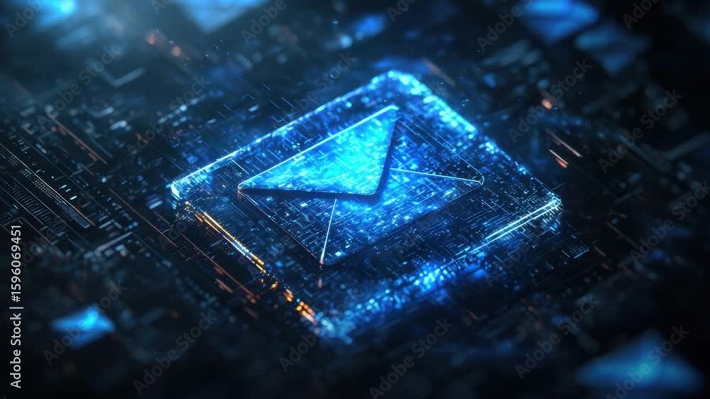 Poster digital blue email icon surrounded by futuristic data elements and glowing effects in a cyber networ