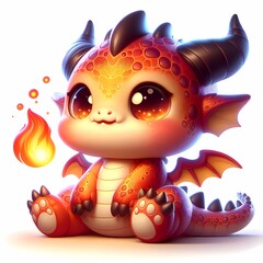 A cute baby dragon playing with small playful flames, sitting in adorable expression, cartoon and anime style, white background, wallpaper, art print