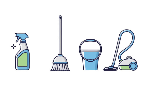 Cleaning tools vector art Spray, broom, bucket, and vacuum cleaner for home hygiene and sanitation in household cleaning.