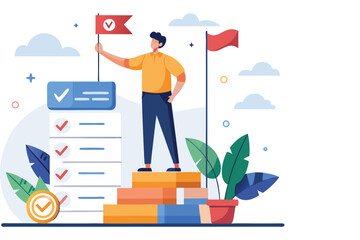 Successful person standing on steps holding a flag signifying achievement and completed tasks on a checklist