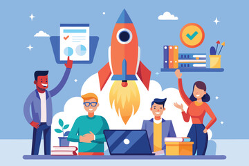 Diverse team celebrates successful business launch with a vibrant rocket illustration and positive progress charts