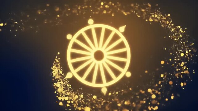 Minimal glowing Sudarshan Chakra spinning slowly in the center, with divine golden particles swirling around, deep blue-saffron gradient background