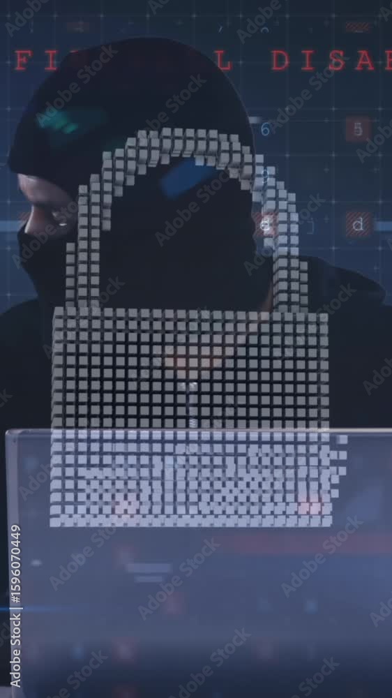 Poster animation of cyber attack warning over online security padlock and hacker