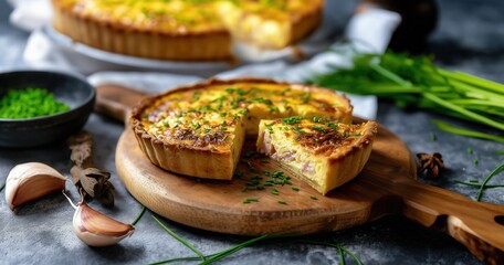 Une quiche lorraine découpée en part sur un plat en bois sur la table d'une cuisine moderne avec des aliments flous en arrière-plan créant un effet délicieux et appétissant.