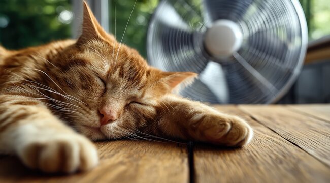 Un chat tigr&eacute; roux adorable endormi sur une table en bois, avec un ventilateur en arri&egrave;re-plan, &eacute;voquant la chaleur estivale.