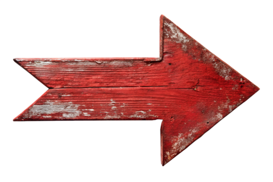 A weathered red wooden arrow pointing to the right, indicating direction and choice, isolated on a transparent background