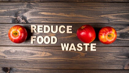 Wooden letters spell out "REDUCE FOOD WASTE" surrounded by three apples on a rustic wooden surface.
