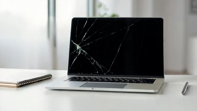 Laptop with cracked screen on desk next to notebook and pen  