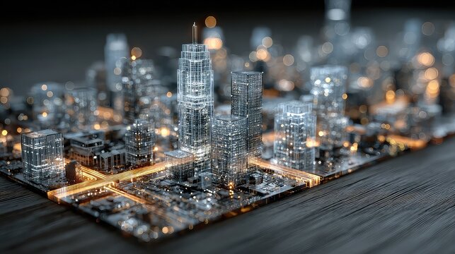 smart city model with holographic buildings pulses with circuit-light connections, representing a living digital twin of real-time infrastructure.