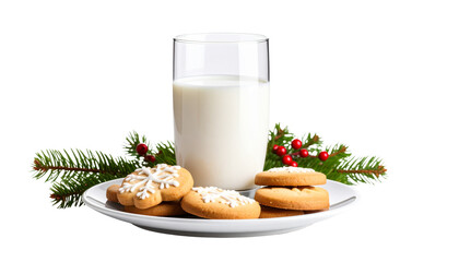 Glass of milk and biscuits in plate isolated on transparent background. Png