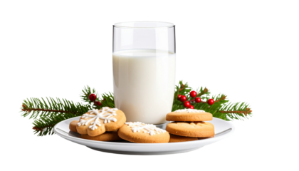 Glass of milk and biscuits in plate isolated on transparent background. Png