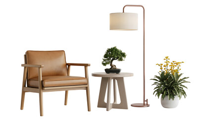 Interior scene featuring a chair, table with bonsai, floor lamp, and potted yellow flowers