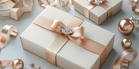 3D render of ribbon-wrapped gift box opening with luxury jewelry set