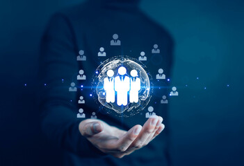 Businessman using people icon concept of development, data exchange, customer service, training, leadership, resources, policy, suggestions, professional team, recruitment, digital technology