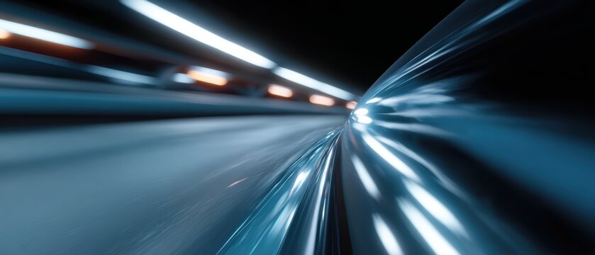 Person riding a hyperloop train through a futuristic tunnel, high-speed travel. Innovation, future. Dynamic, glowing.