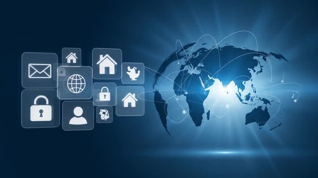 A glowing blue world map connected by networks to a cloud of digital service icons.