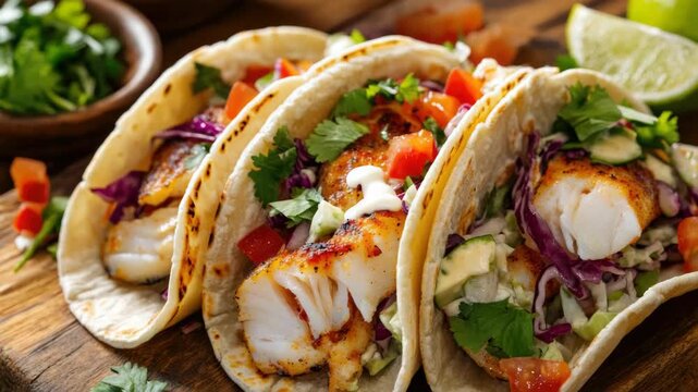 Tacos filled with fish and vegetables. Garnished with lime, cilantro and salsa.