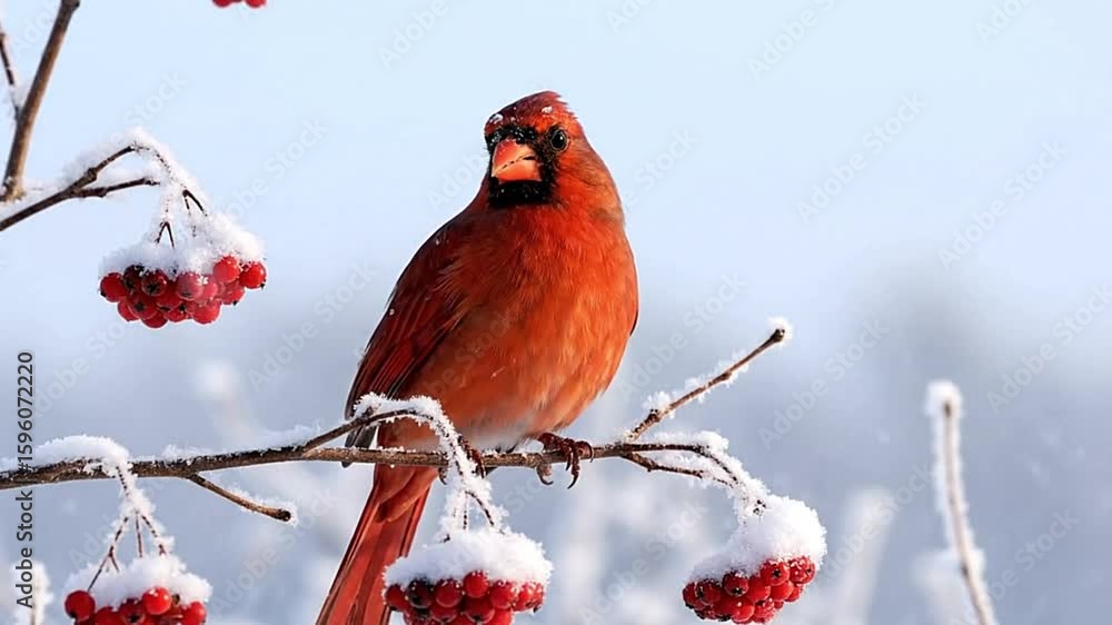 Poster a cardinal sits on a snowy branch with red berries creating a wintry scene