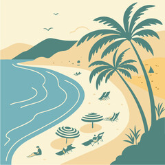 Obraz premium Tropical Beach with Palm Trees, Umbrellas, and People Relaxing – Vintage Summer Vector Illustration