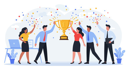 Diverse team celebrates a golden trophy with confetti office backdrop