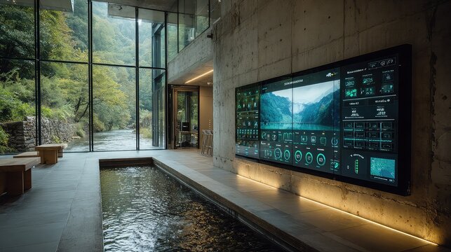 Smart hydro power facility displays water flow metrics and electricity output on screen, while embedded sensors monitor dam efficiency, renewable energy infrastructure concept