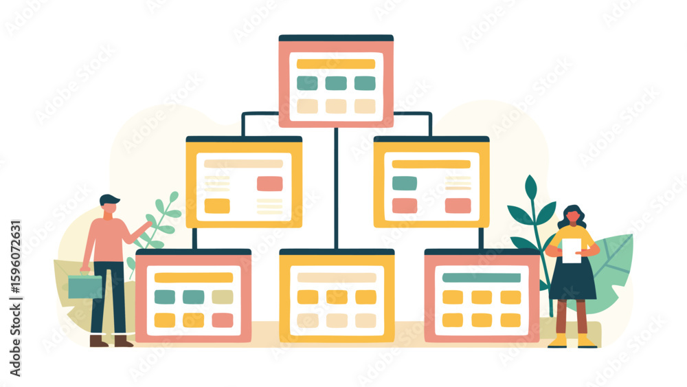 Poster illustration of a hierarchical structure with people and screens showing data organization flow