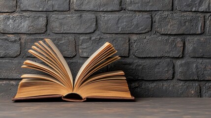 Antique Book Open on Dark Wooden Surface Against Brick Wall