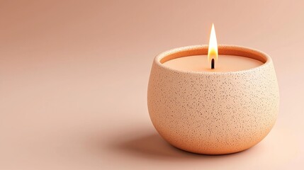Burning Beige Candle in Speckled Ceramic Holder on Peach Background