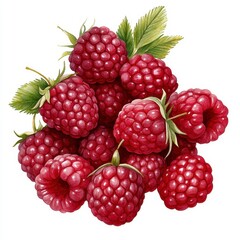 Closeup of Fresh Ripe Red Raspberries with Green Leaves