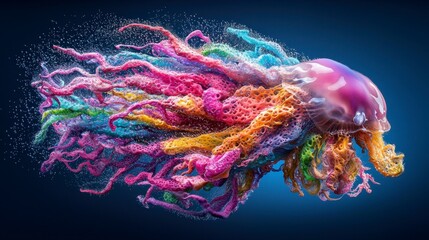 Abstract Rainbow Jellyfish Digital Art Vibrant Marine Life in Dark Blue