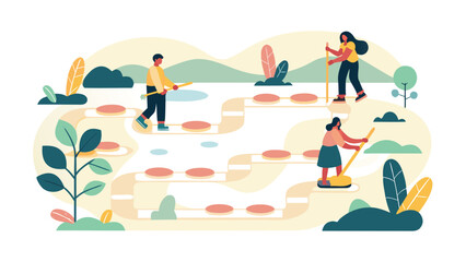 Obraz premium People navigating a stepping stone path with sticks in a whimsical landscape illustration style