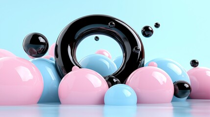 Abstract Pastel Pink and Blue Glossy Spheres with Black Ring 3D Render