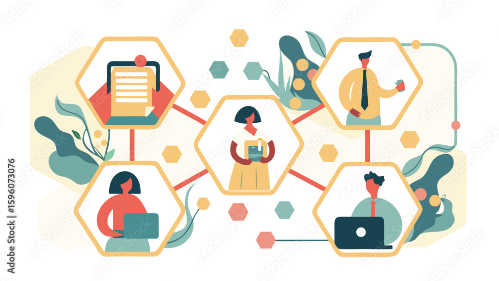 Poster illustration of interconnected people and documents within hexagonal shapes network design