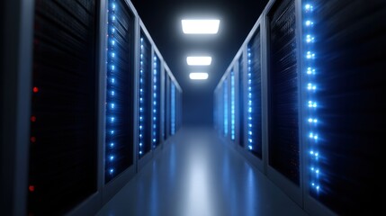 Server room with rows of glowing server racks, representing cloud computing and data storage. Infrastructure, powerful. Dark, blue light.