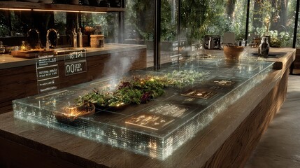 smart kitchen holographically prepares a salad while recipe steps, calorie counters, and ingredient paths float in the air.