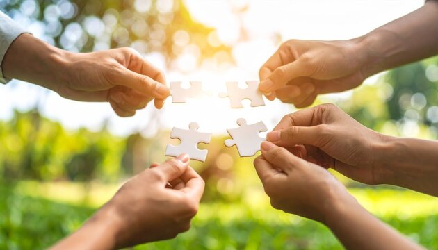 Four hands each holding a puzzle piece, coming together to complete a puzzle outdoors with a bright, natural background.