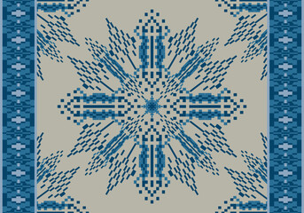 seamless pixel design in vivid blue palette hues, arranged in a symmetrical kaleidoscopic formation on a light grey background. The pattern evokes festive, tribal, and nature-inspired aesthetics.