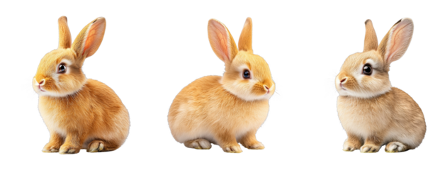 Three adorable rabbits posing together with fluffy fur and expressive eyes on a black background