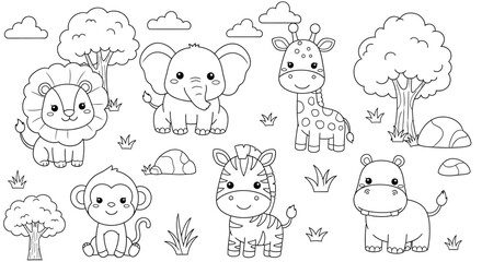 Black and white illustration of cute cartoon animals including a lion, elephant, giraffe, zebra, monkey, and hippo in a simple outdoor setting with trees and grass, coloring book illustration.