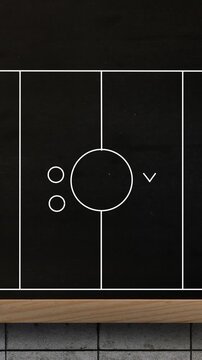 Animation of white sports court with game plan over black board against abstract background