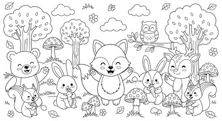 Adorable woodland creatures gather amidst trees, mushrooms, and flowers in a charming black and white illustration coloring book illustration