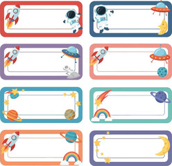 Colorful space-themed labels with rockets, astronauts, and planets, perfect for kids, label collection.