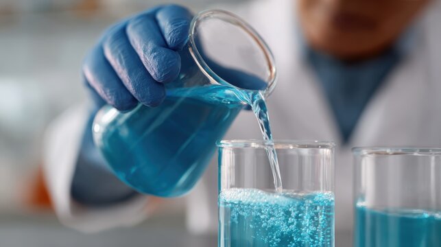 Chemist pouring liquids carefully into beakers for chemical reaction