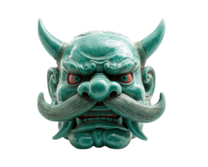 Traditional guardian deity mask green ceramic fierce expression large mustache horned Asian art isolated cultural sculpture intimidating detailed craftsmanship