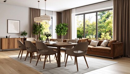 Obraz premium Modern Dining Room Design with Natural Light and Brown Accents