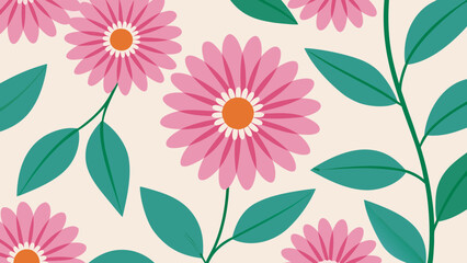 Pink African Daisies and Leafy Floral Pattern